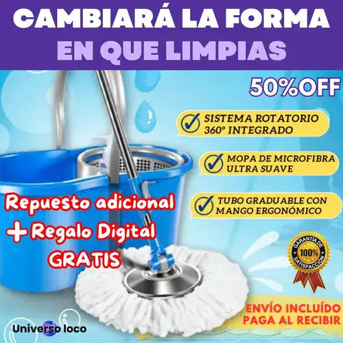 Trapeador Giratorio 360 + Cubeta + Repuesto adicional + REGALO digital GRATIS