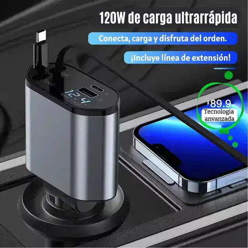 Cargador 4 en 1 para Carro 120W DE 0 A 100% en 30 min + REGALO digital GRATIS