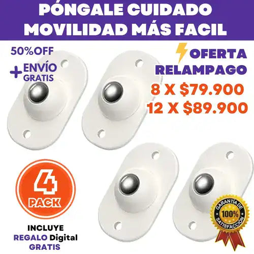 PACK 4 Ruedas Autoadhesivas 360° para muebles + REGALO Digital GRATIS